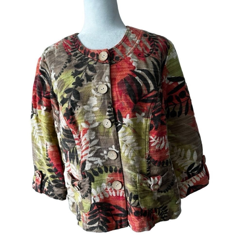 Alexis & Avery Floral Jacket Cotton Linen Collarless Blazer SZ 14